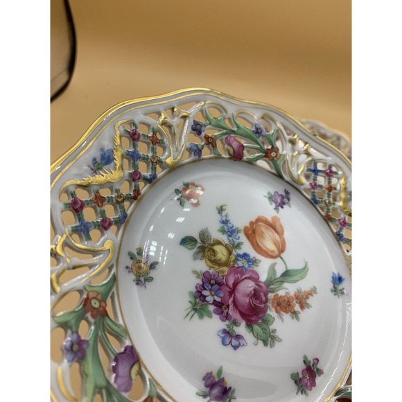 VTG DRESDEN Schumann Porcelain Reticulated Candy/Nut Dish and Bowl Floral Gold - Picture 10 of 13